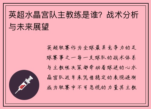 英超水晶宫队主教练是谁？战术分析与未来展望