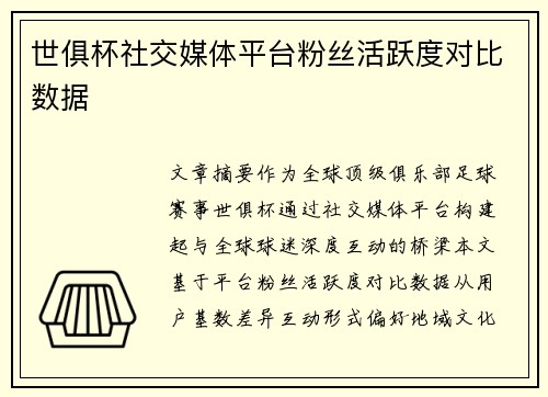 世俱杯社交媒体平台粉丝活跃度对比数据