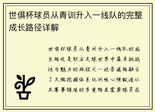 世俱杯球员从青训升入一线队的完整成长路径详解